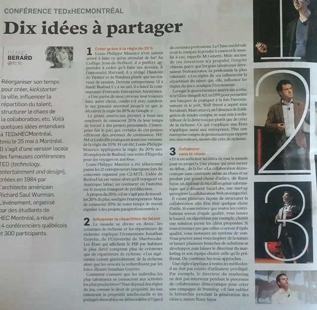 Newspaper clipping from Les Affaires TEDxHEC Video Rami Sayar Democratic Collaboration”